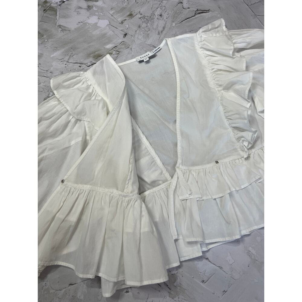 RHODE Ruffle Puff Sleeve Deep V Crop Blouse SIZE XS White Cotton Shirt - Picture 11 of 11